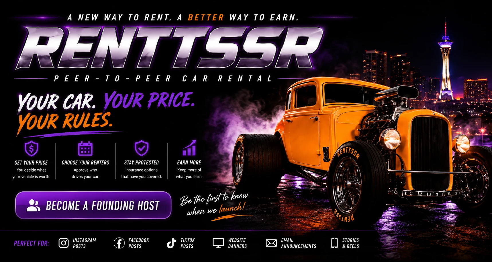 RentTSSR with an orange hot rod and the Las Vegas skyline